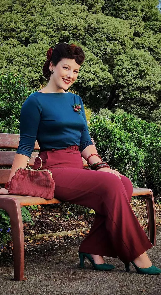 1940s Wide Leg Trousers in Burgundy