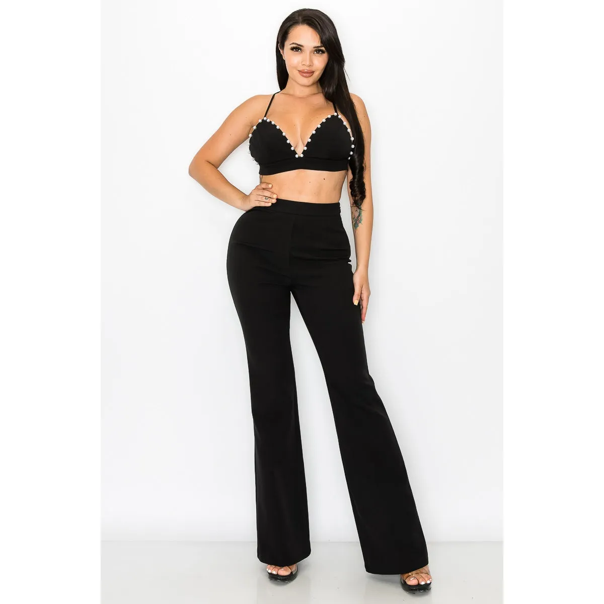 3-Piece Black Pearl Trim Pantsuit