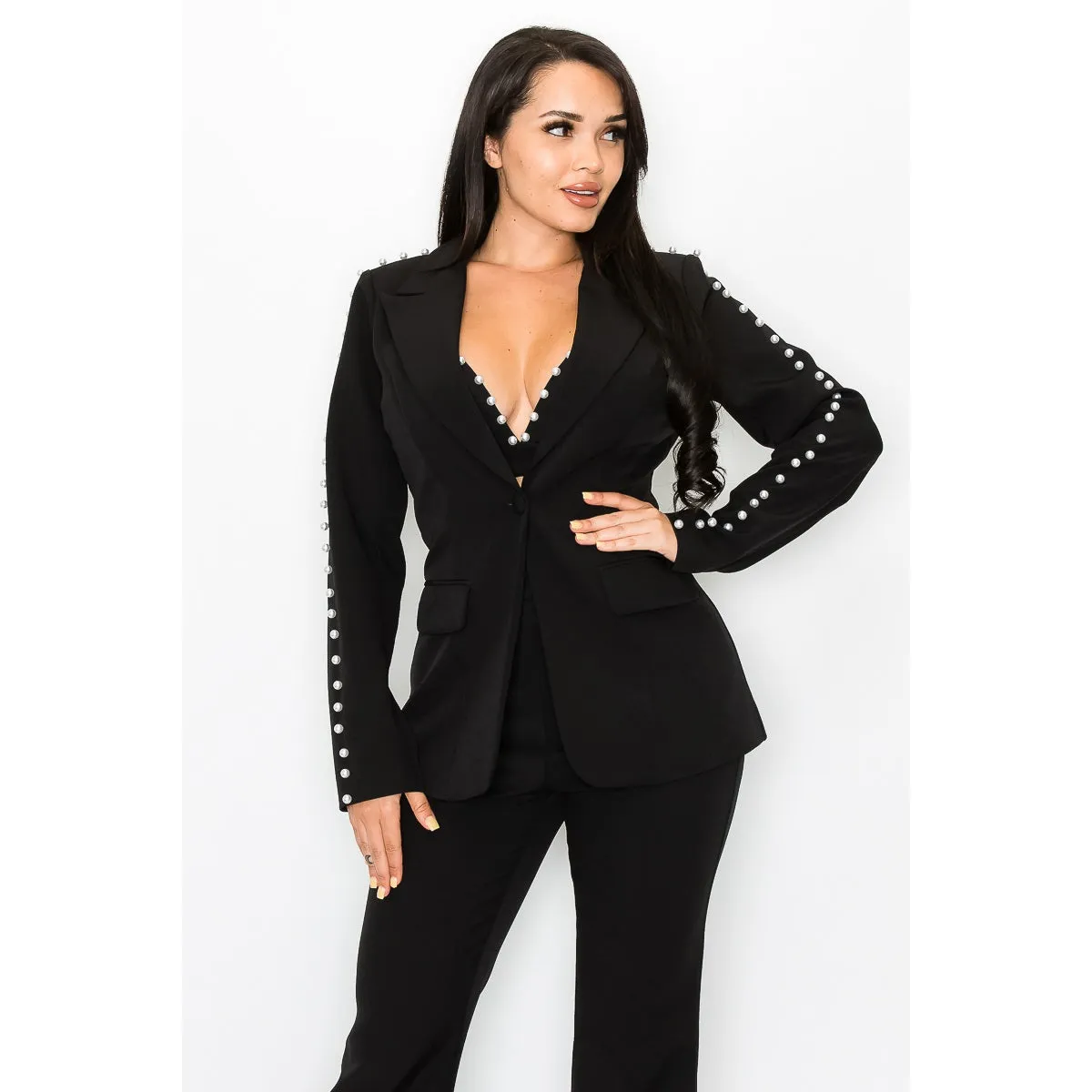 3-Piece Black Pearl Trim Pantsuit