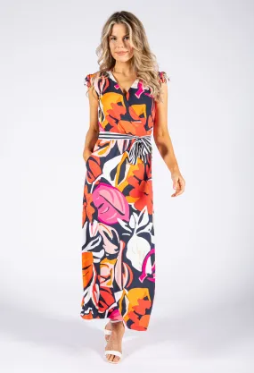 Abstract Floral Print Wrap Bodice Dress