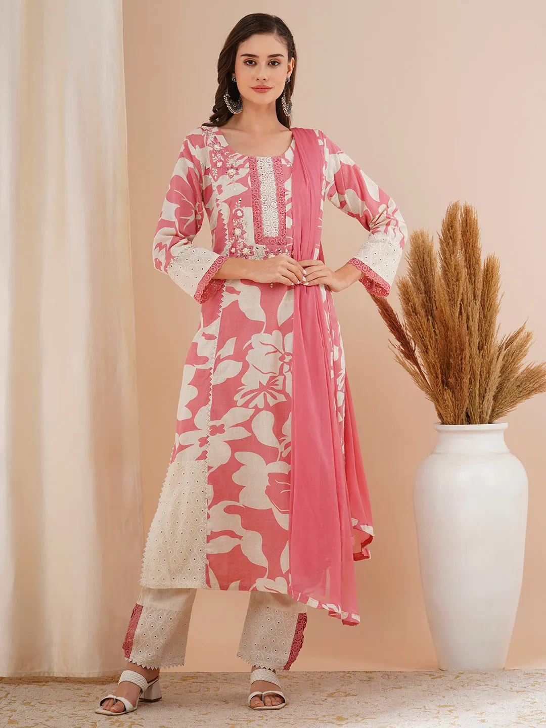 Abstract Floral Printed & Embroidered A-Line Kurta with Pant & Dupatta - Pink