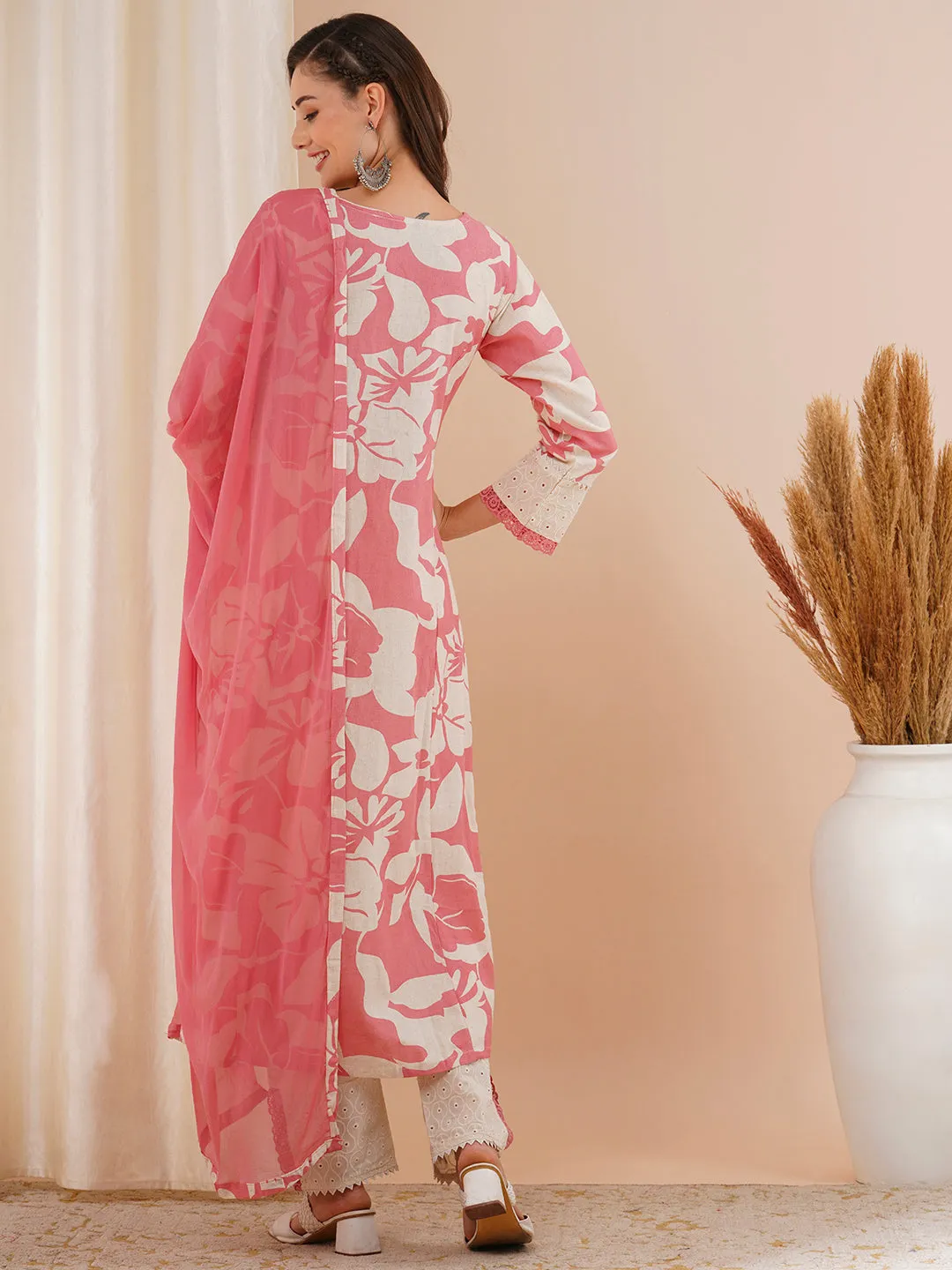 Abstract Floral Printed & Embroidered A-Line Kurta with Pant & Dupatta - Pink