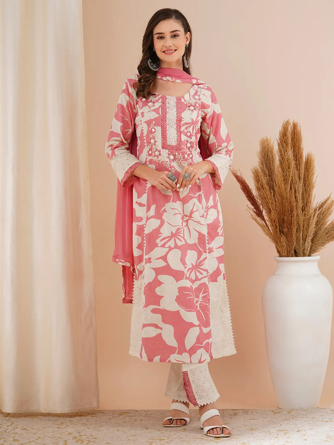 Abstract Floral Printed & Embroidered A-Line Kurta with Pant & Dupatta - Pink