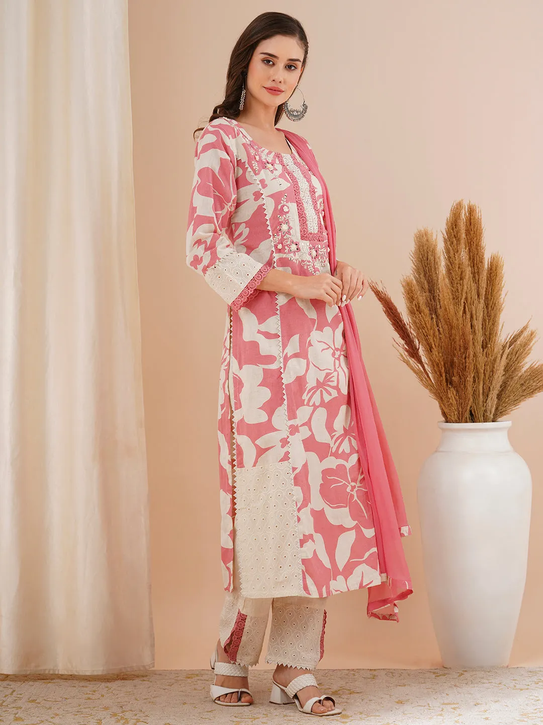 Abstract Floral Printed & Embroidered A-Line Kurta with Pant & Dupatta - Pink