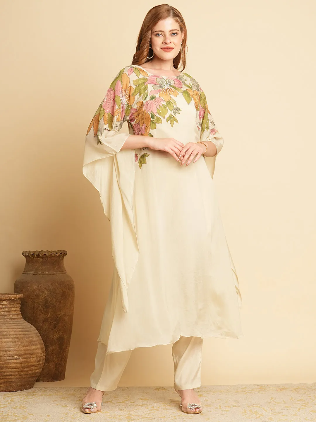 Abstract Floral Printed & Hand Embroidered Long A-Line Kurta with Pant - Cream