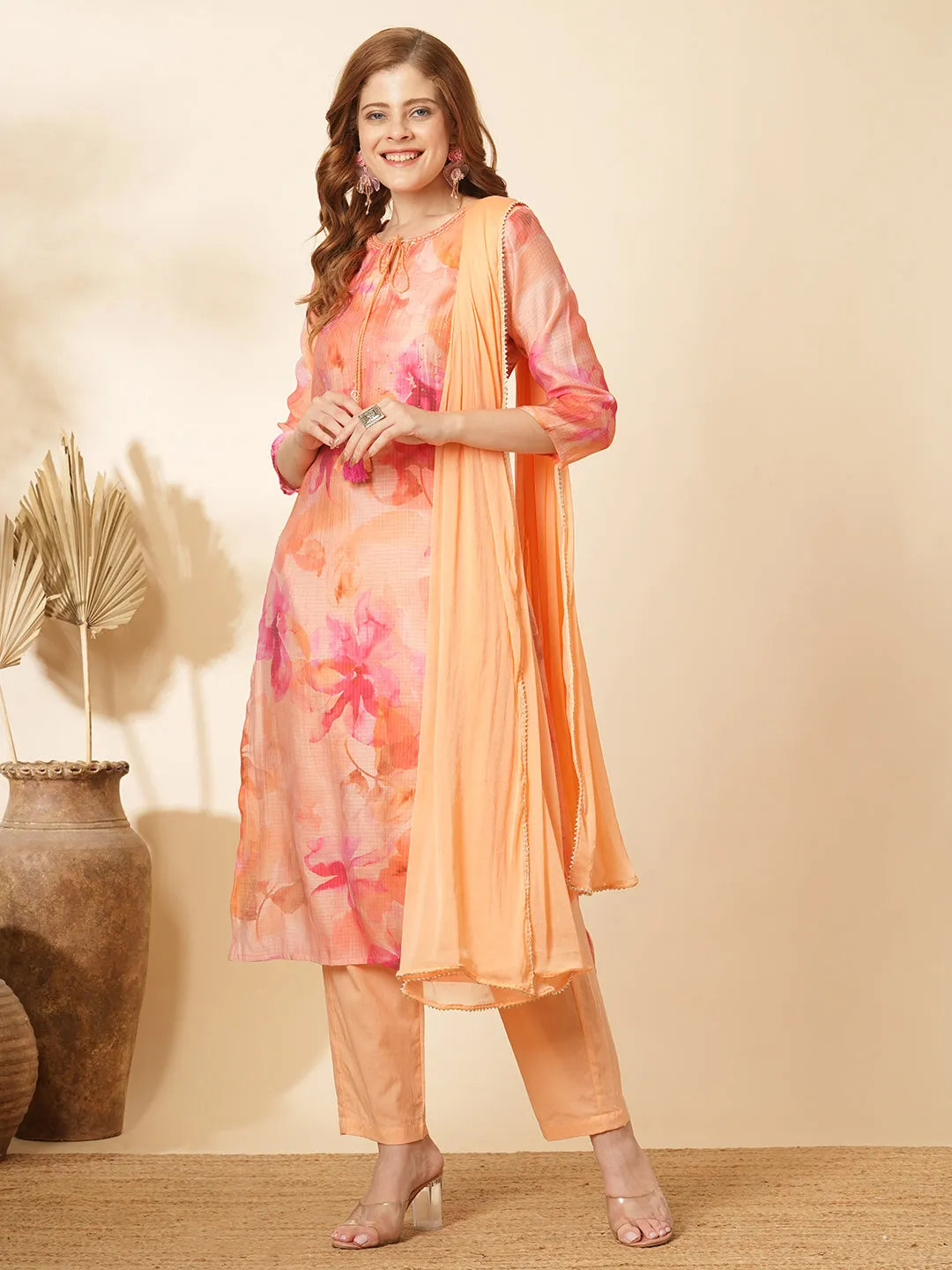 Abstract Printed & Hand Embroidered Straight Kurta with Pant & Dupatta - Peach