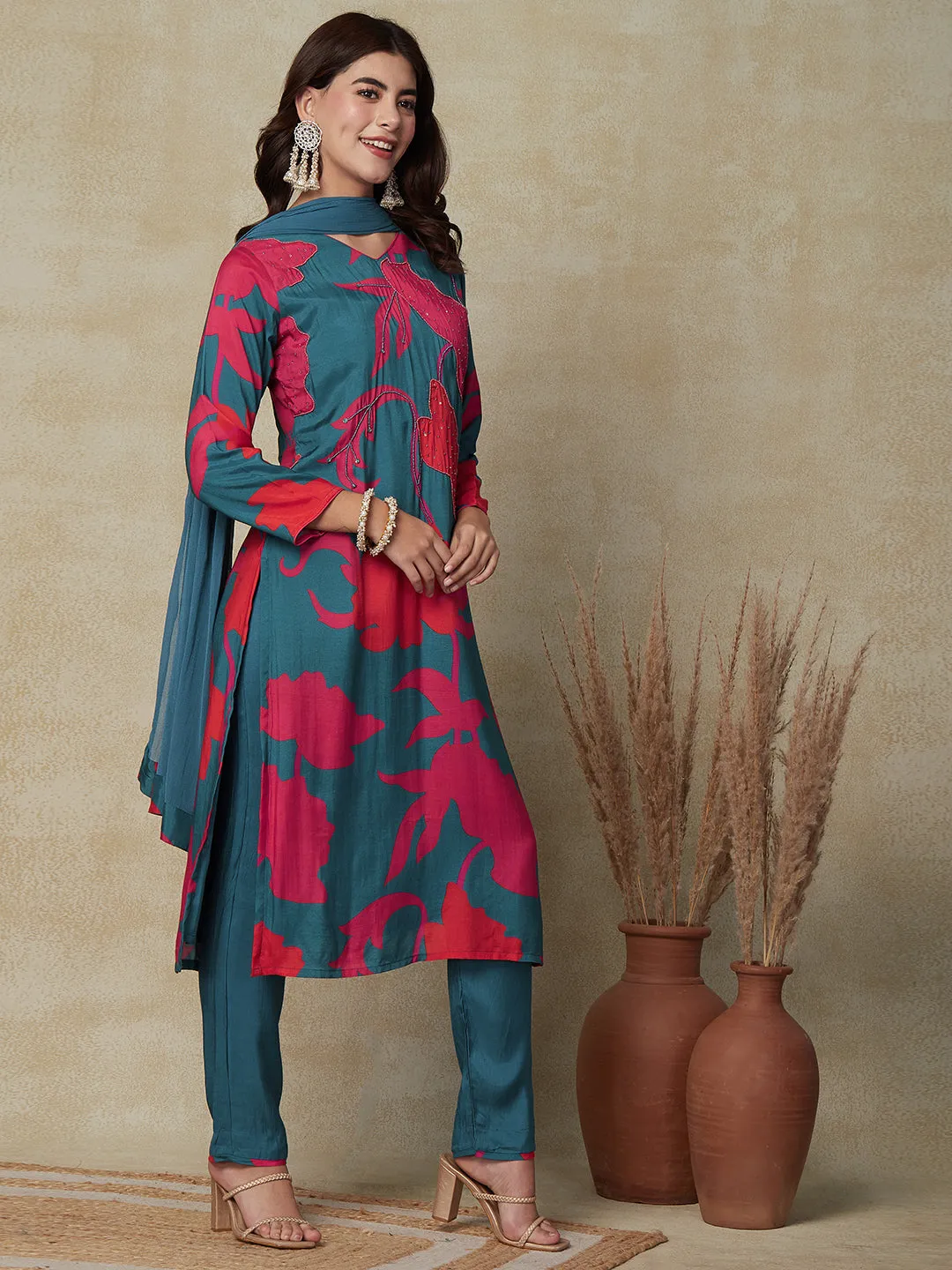 Abstract Printed Beads & Stones Embroidered Kurta with Pant & Dupatta - Teal