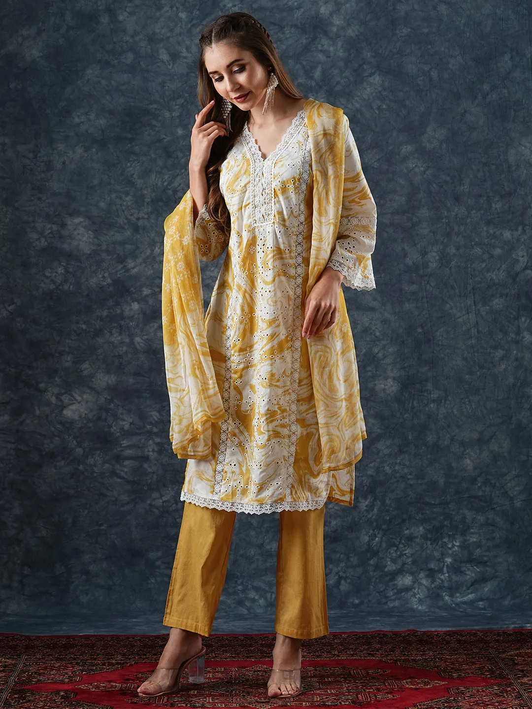 Abstract Printed Schiffili Embroidered Lace Work Kurta with Pants & Dupatta - Yellow