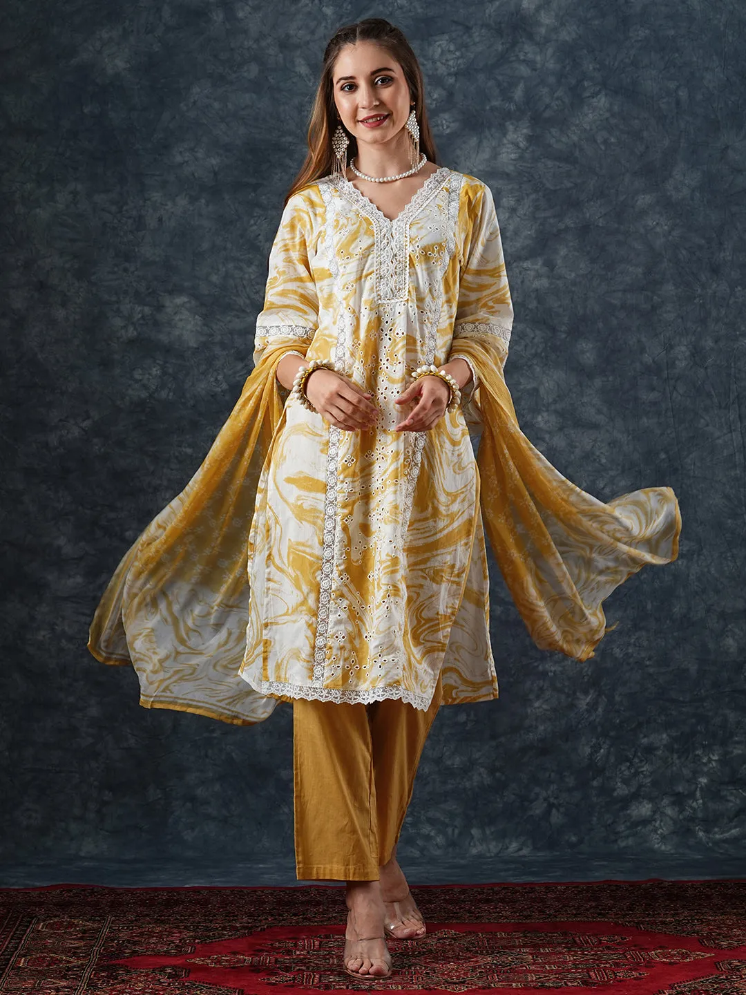 Abstract Printed Schiffili Embroidered Lace Work Kurta with Pants & Dupatta - Yellow