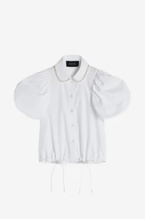 Beaded Cropped Toggle Puff Sleeve Shirt