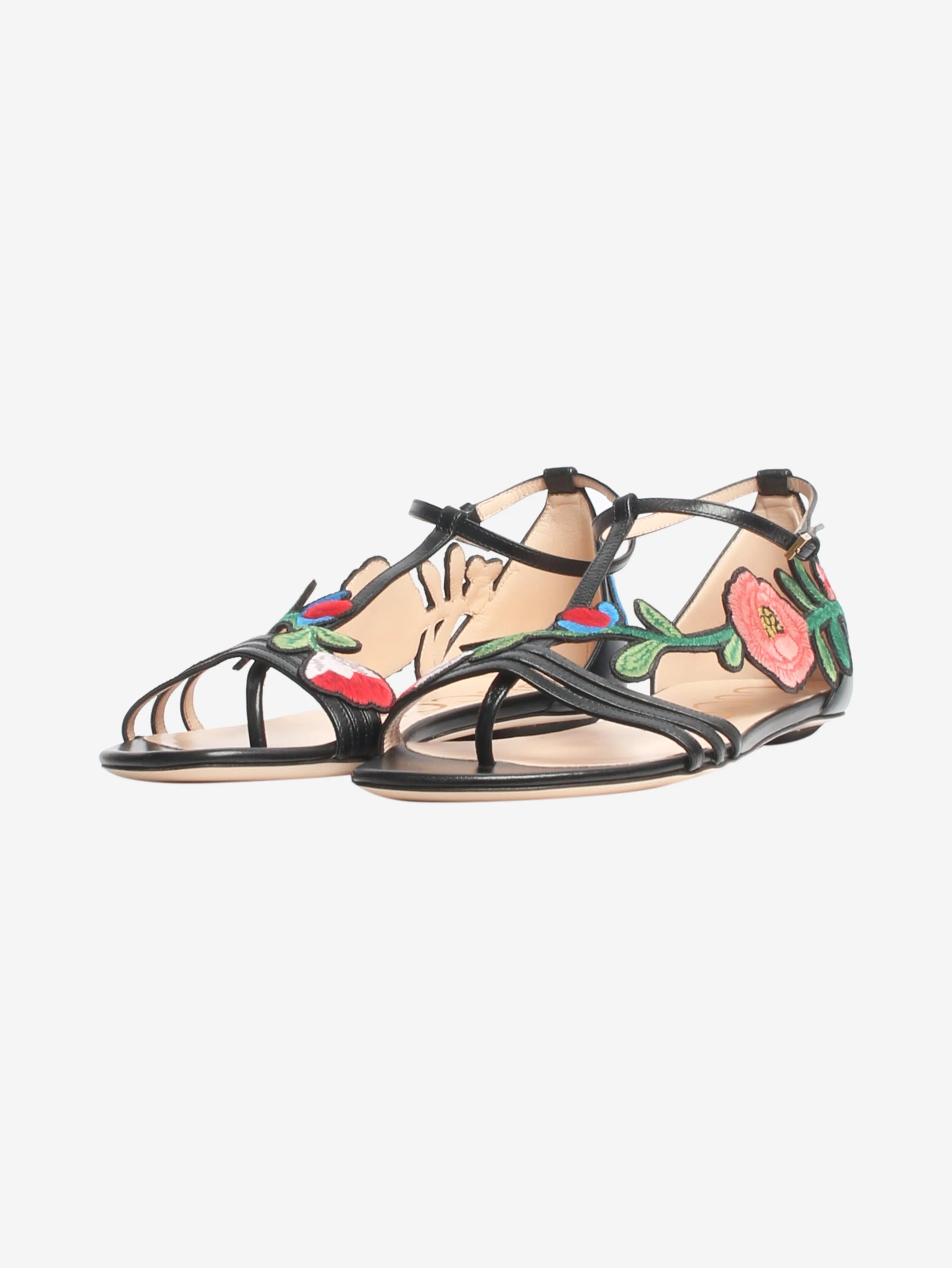 Black floral embroidered flat sandals - size EU 39