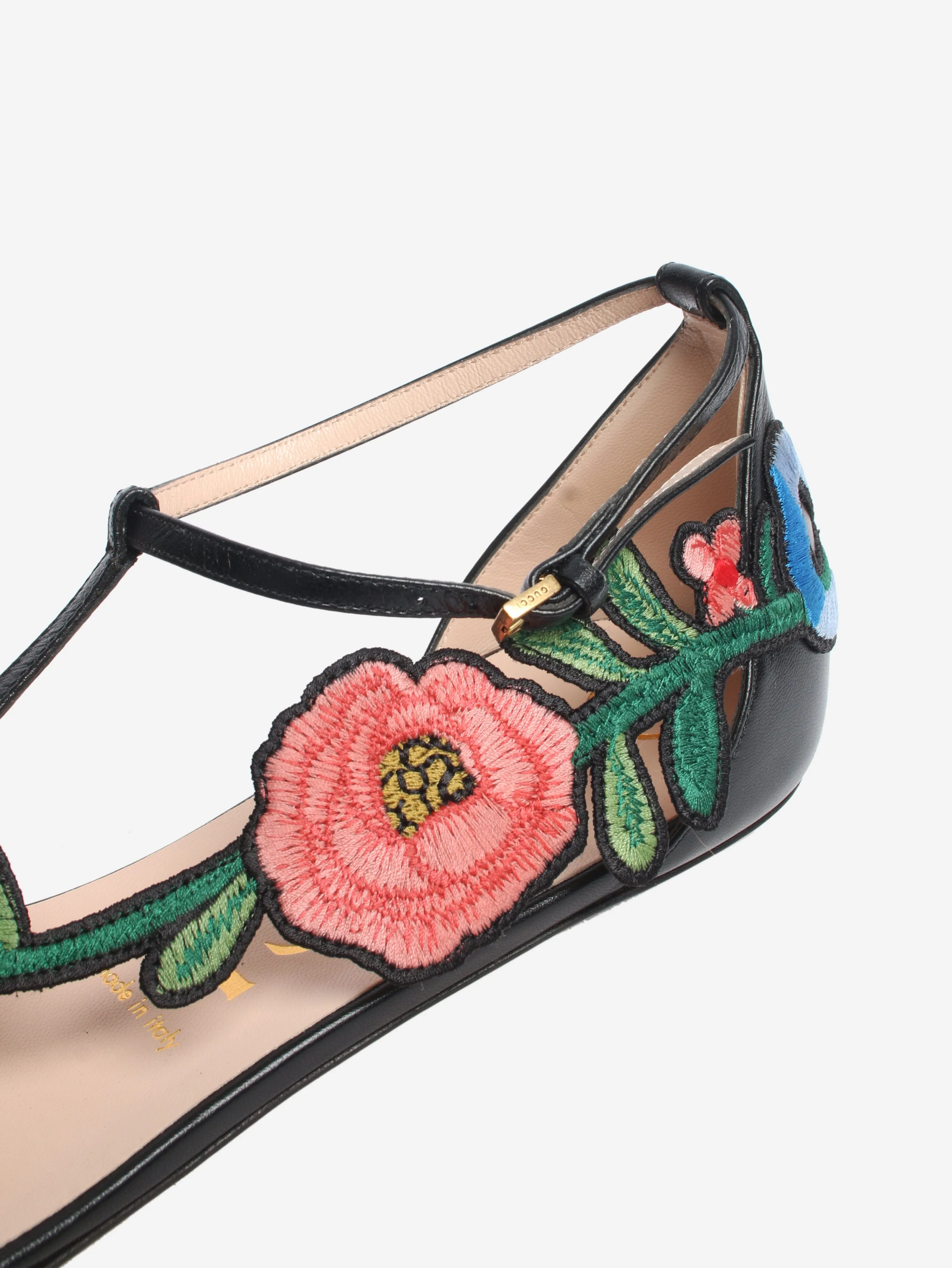 Black floral embroidered flat sandals - size EU 39