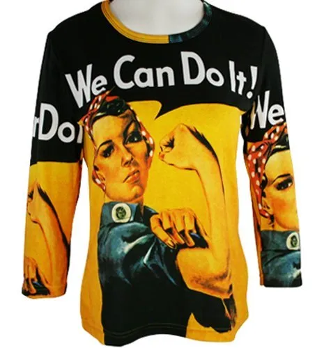 Breeke - Rosie the Riveter, 3/4 Sleeve, Scoop Neck, Hand Silk Screened Artistic Top