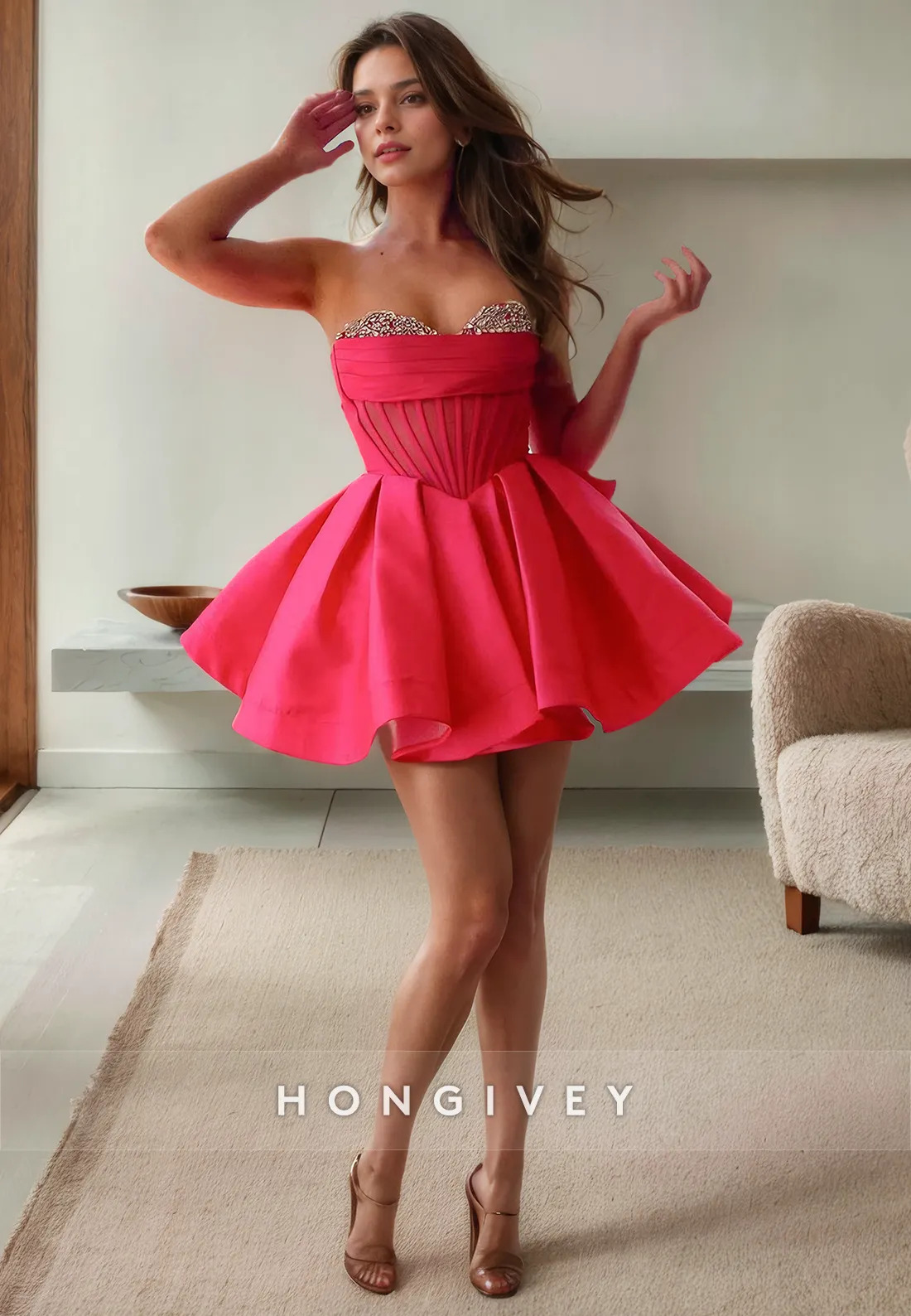 Chic Satin A-Line Sweetheart Strapless Beaded Short Homecoming Dress