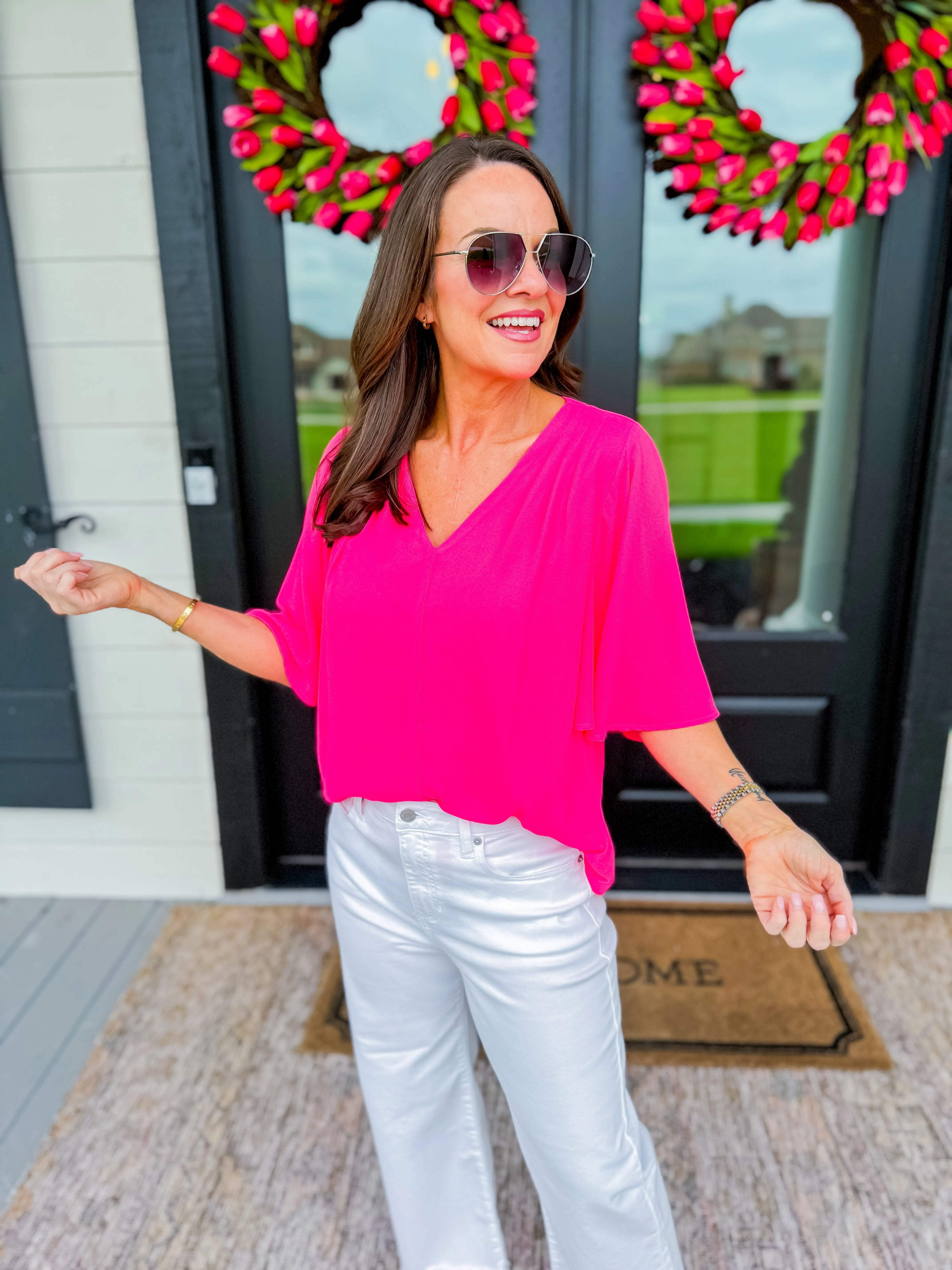 Chiffon Bell Sleeve Top in Hot Pink