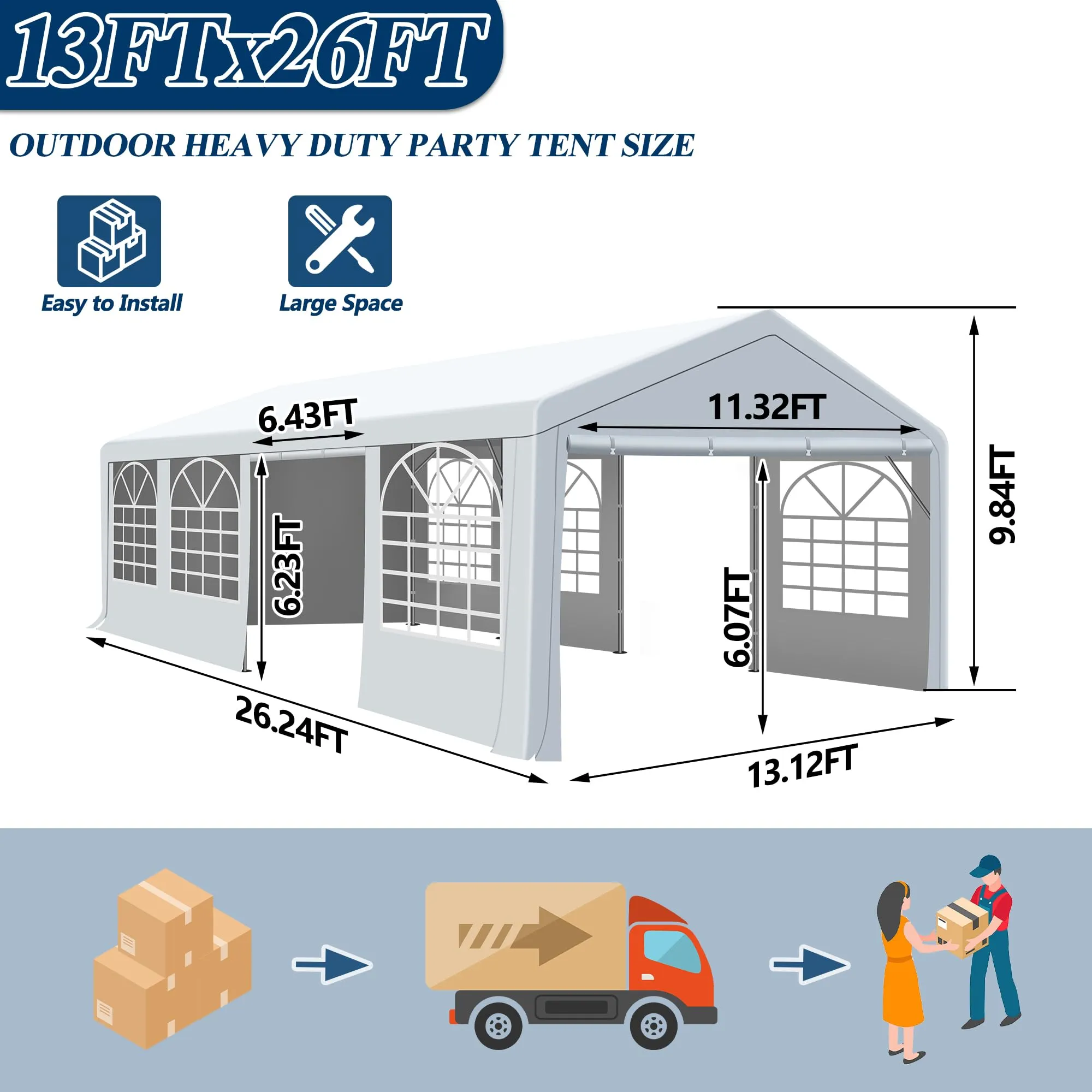 COVERONICS Outdoor Canopy Party Tent, 13'X26' Patio Party Tent with Rollable Sides and 4 Sandbags, Heavy Duty Steel Frame Carport Gazebo Event Tent Perfect for Wedding, Birthday Party, Outdoor Event