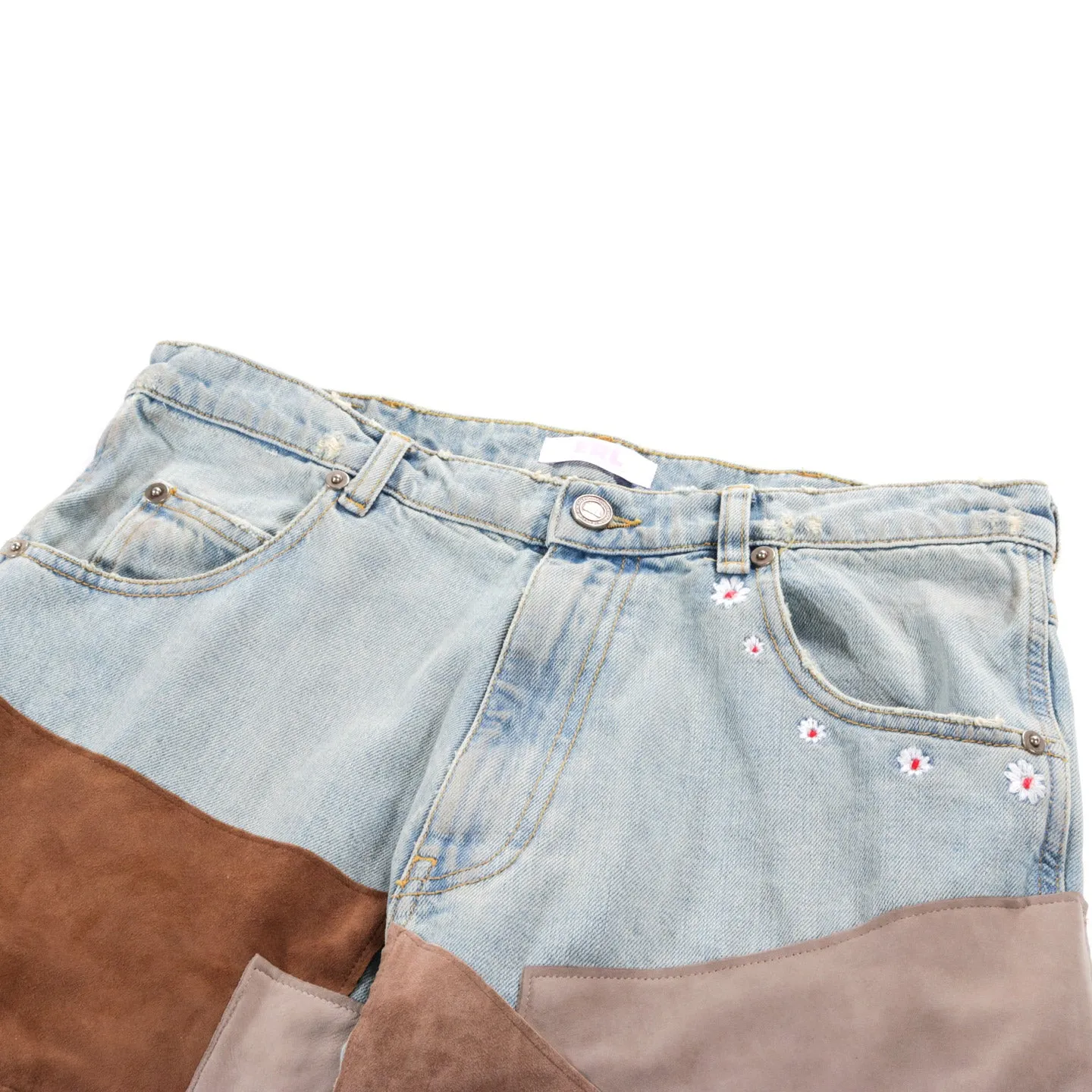 ERL LEATHER PATCHWORK JEANS LIGHT BLUE