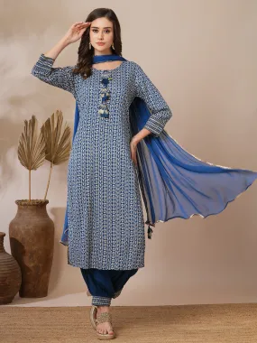 Ethnic Floral Stripes Printed Straight Fit Kurta with Pant and Dupatta - Teal Blue