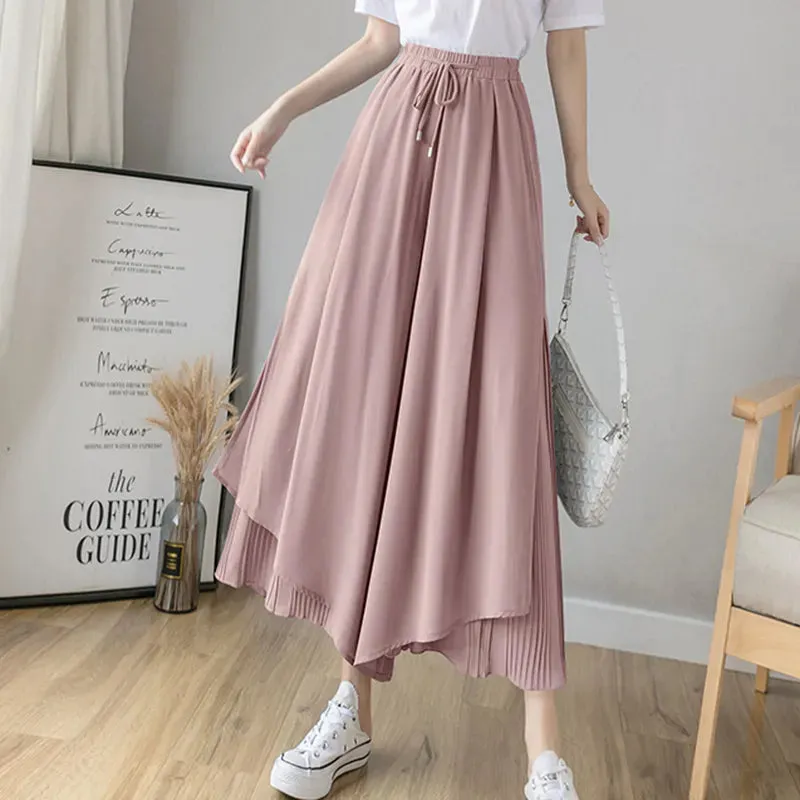 Getadme Elastic Wide Leg Pants Women Korean Fashion Chiffon Trousers Summer Casual Loose Pleated Pants Lady High Waist Street Skirt Pant