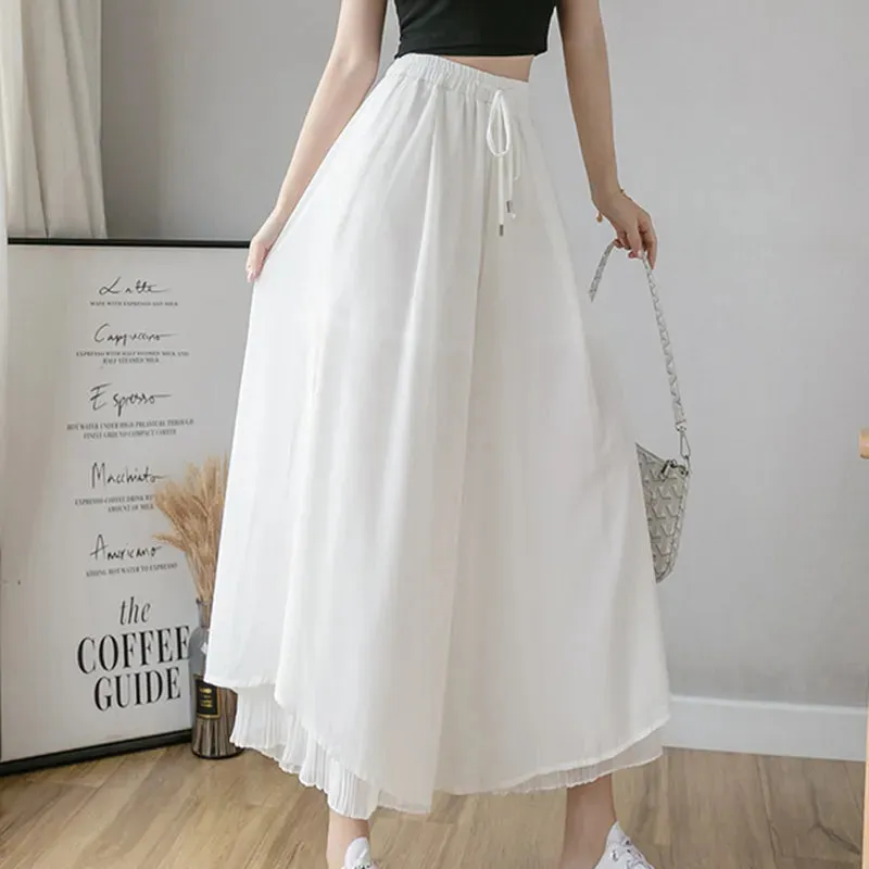 Getadme Elastic Wide Leg Pants Women Korean Fashion Chiffon Trousers Summer Casual Loose Pleated Pants Lady High Waist Street Skirt Pant