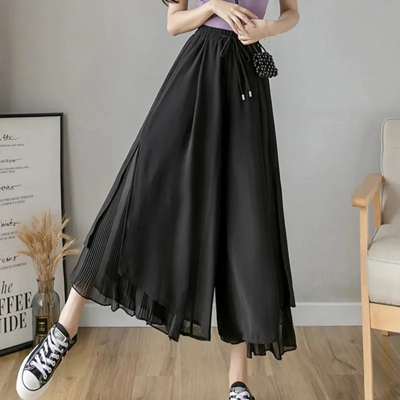 Getadme Elastic Wide Leg Pants Women Korean Fashion Chiffon Trousers Summer Casual Loose Pleated Pants Lady High Waist Street Skirt Pant