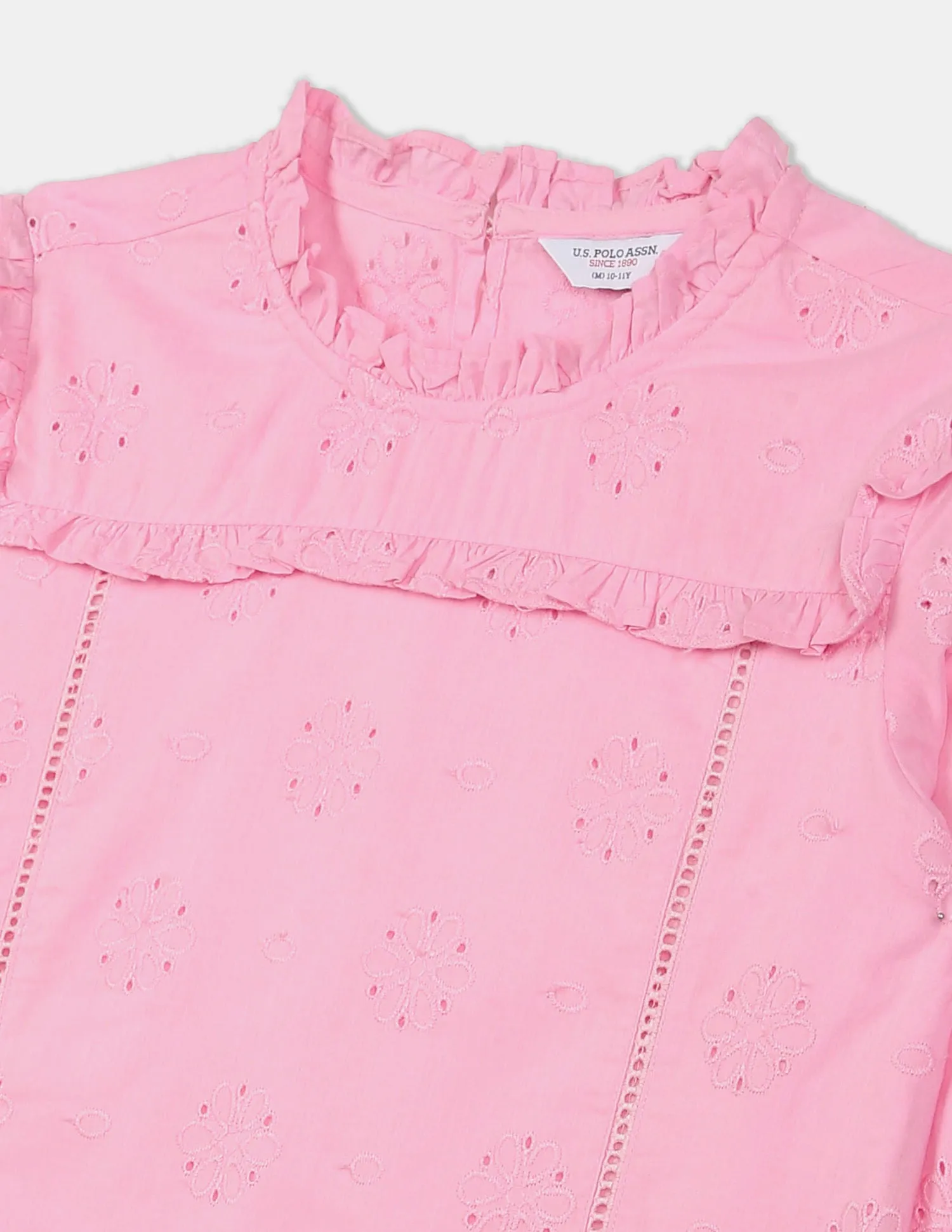 Girls Light Pink Ruffle Accent Embroidered Top