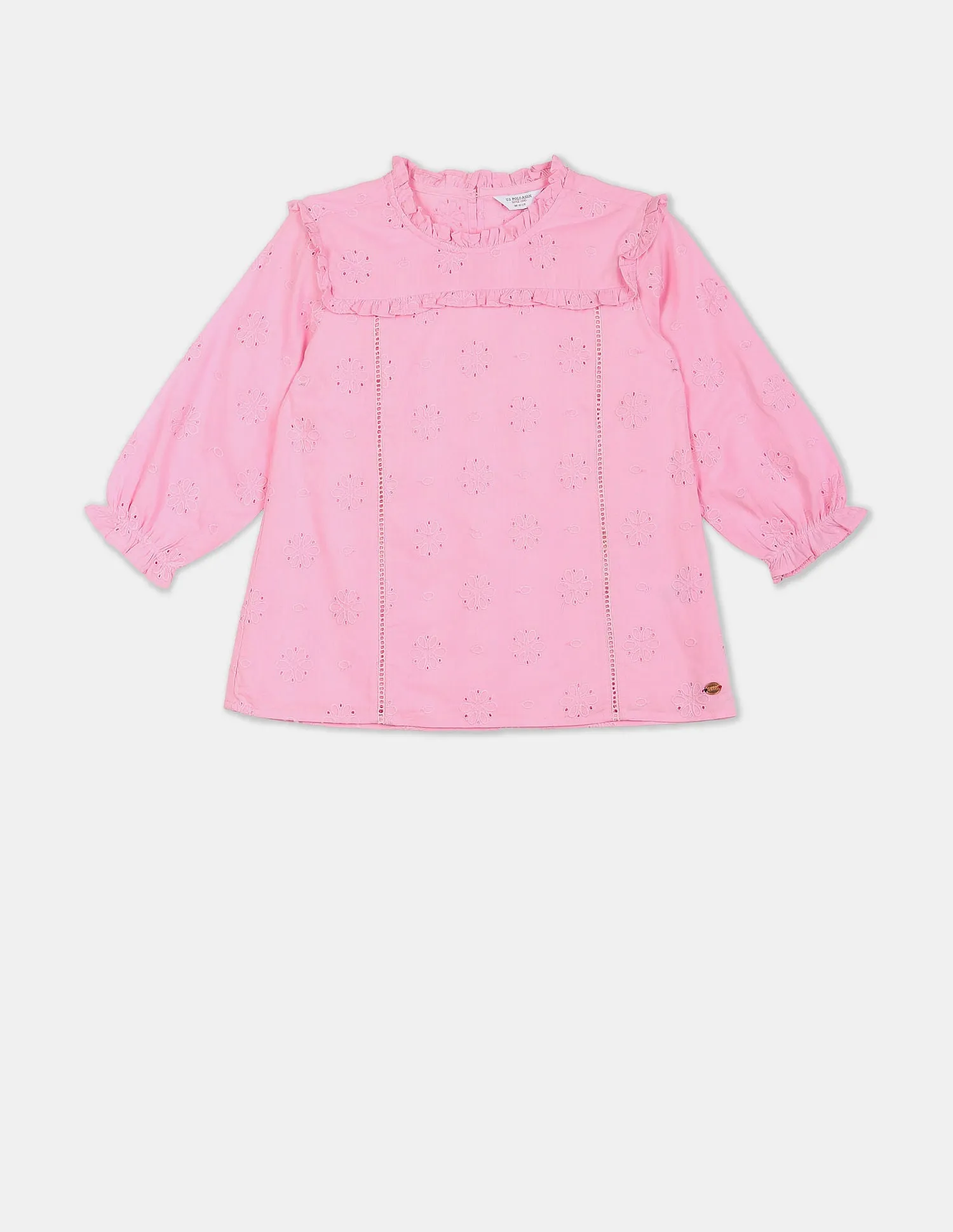 Girls Light Pink Ruffle Accent Embroidered Top