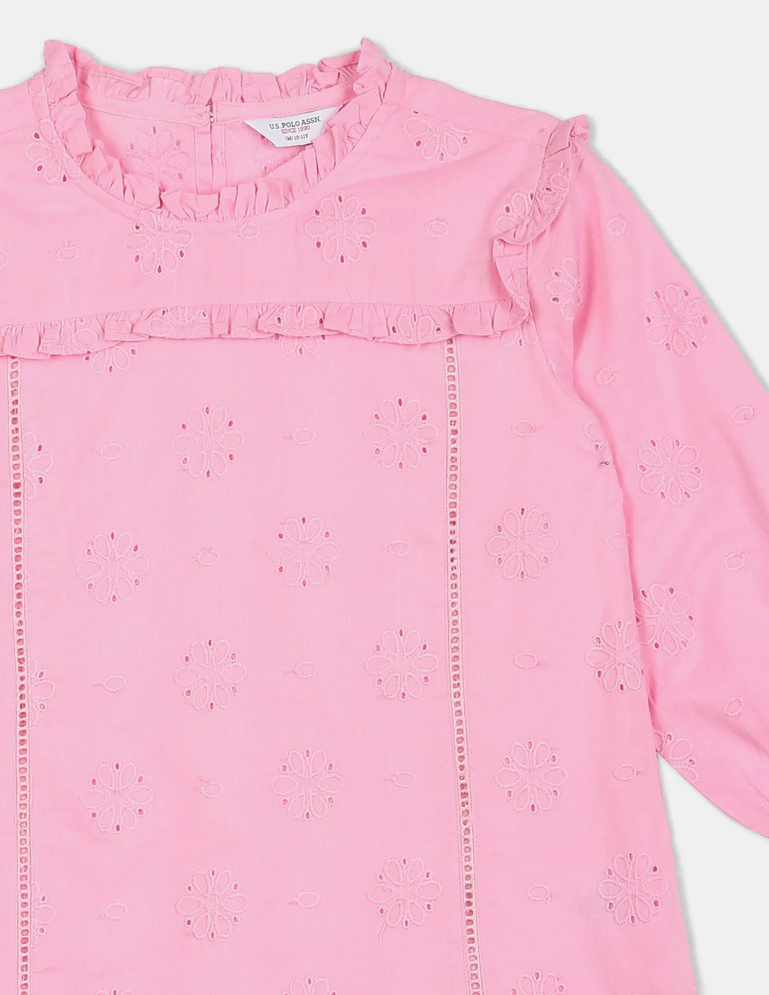 Girls Light Pink Ruffle Accent Embroidered Top