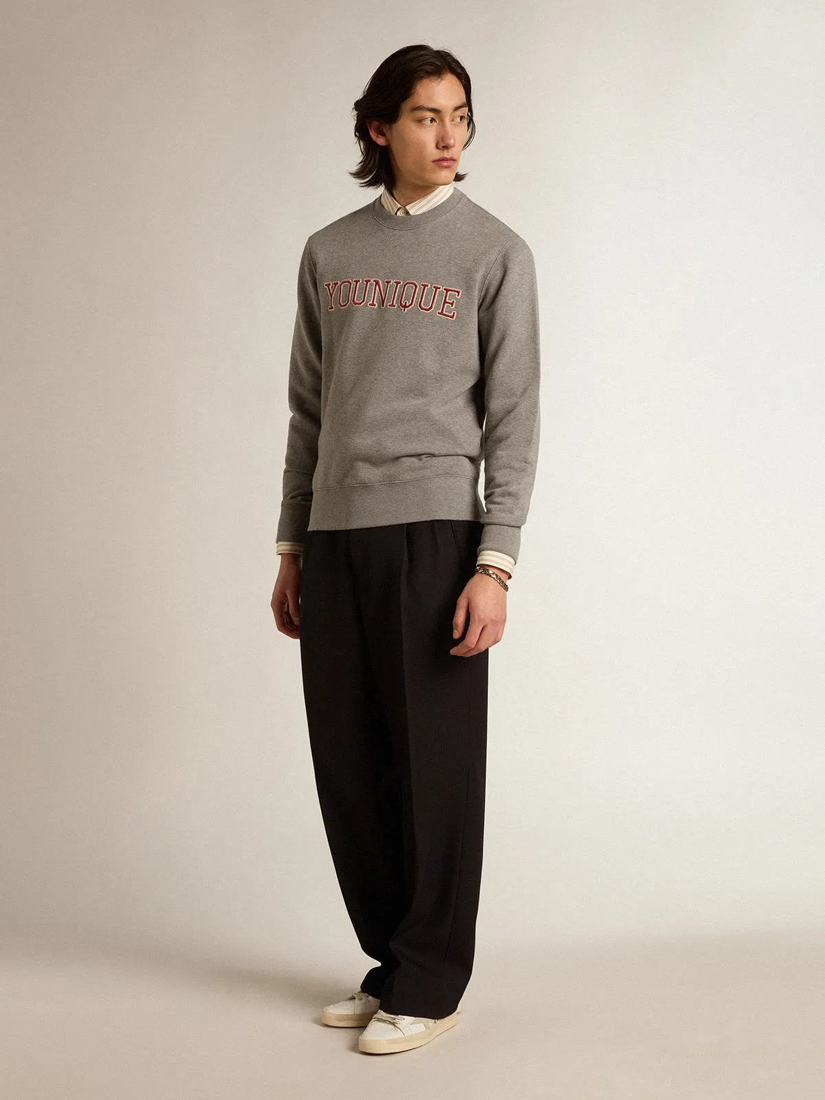 Gray melange cotton sweatshirt with embroidered lettering