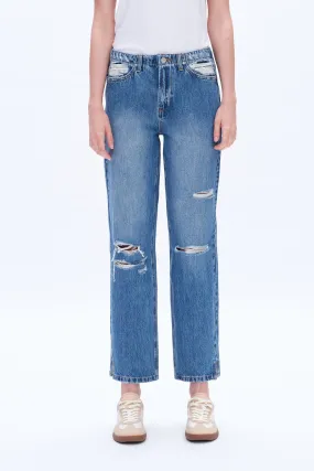 HIGH RISE DISTRESSED MOM JEANS WITH SLIT BYM3061 (BYHE040) VIVIBLUE