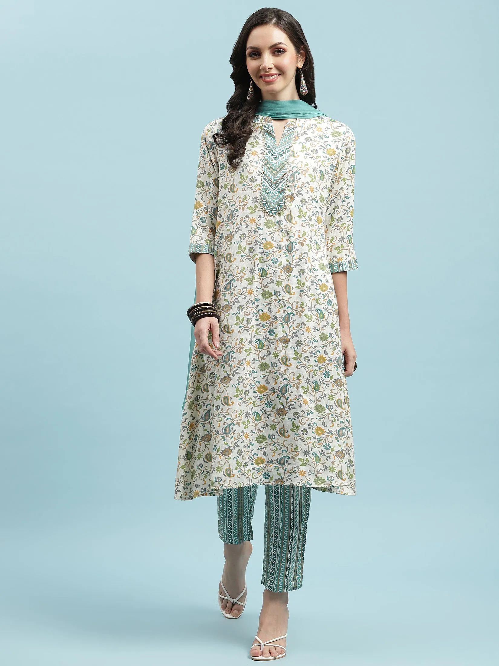 Indiessence Turquoise Blue Floral Printed Kurta Trouser Dupatta