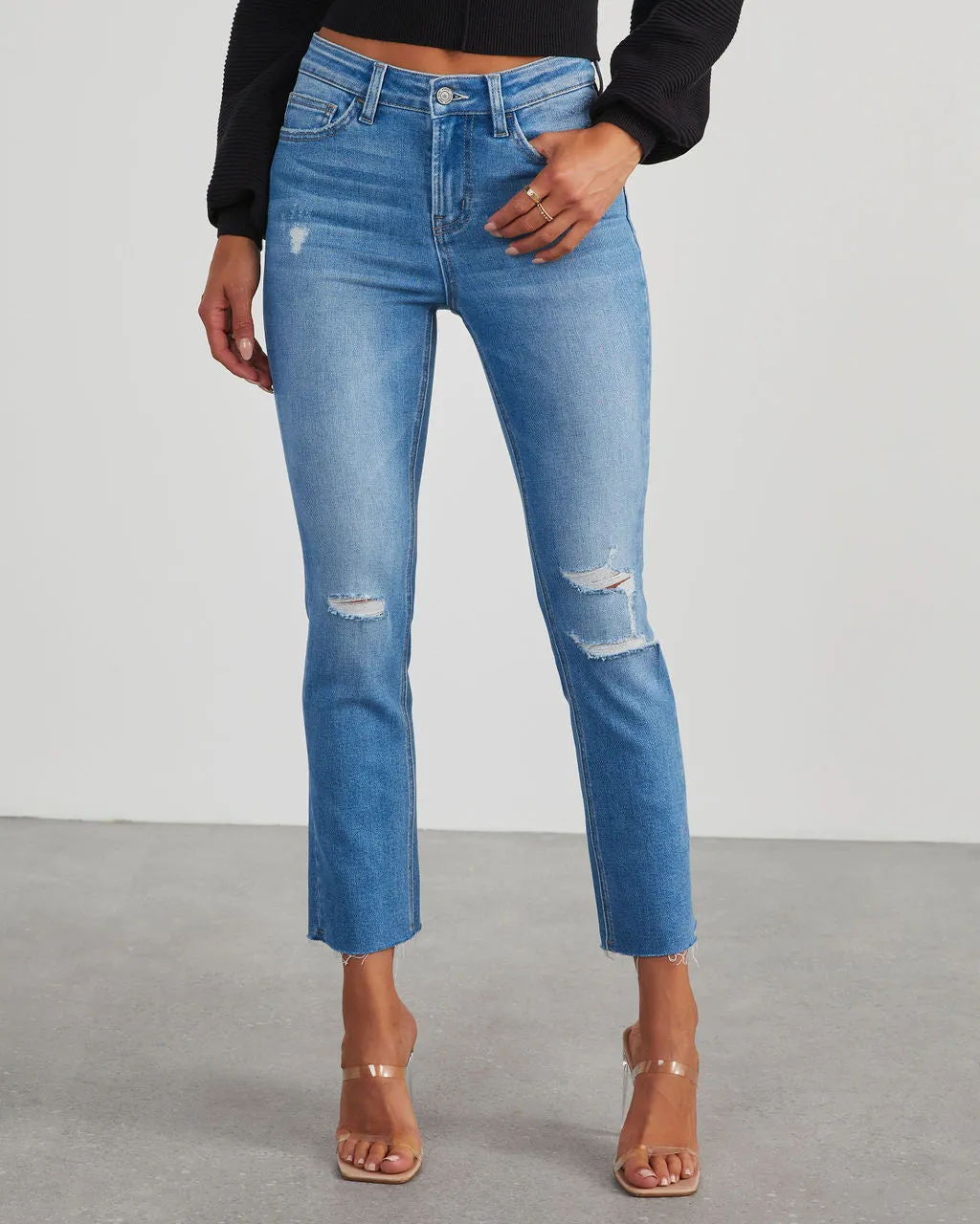 Jeanne High Rise Distressed Slim Straight Denim