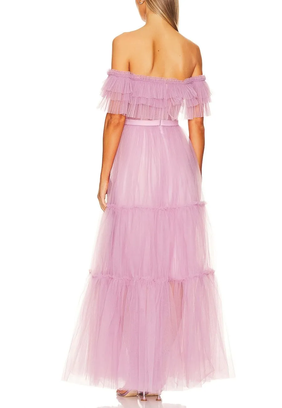 Pink Off Shoulder Tiered Gown