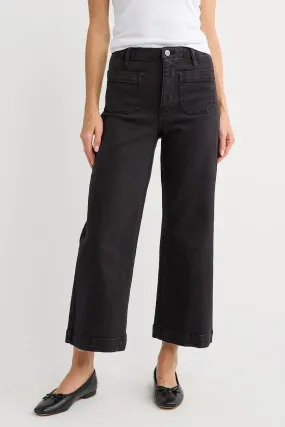 Risen Cropped Patch Pocket Black Jeans