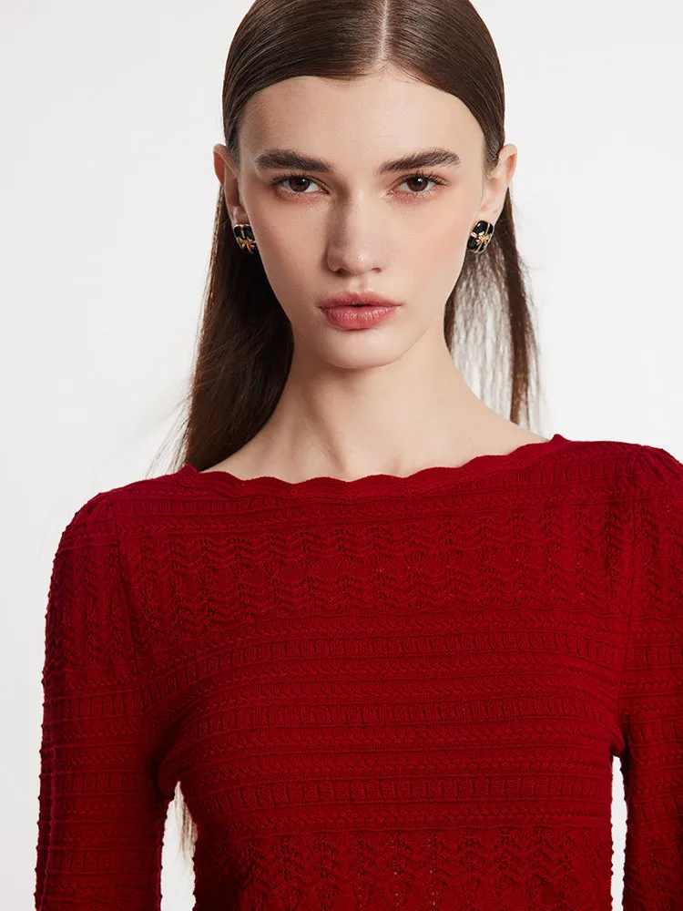 Tencel Wool Blend Wave Cut Collar Women Sweater