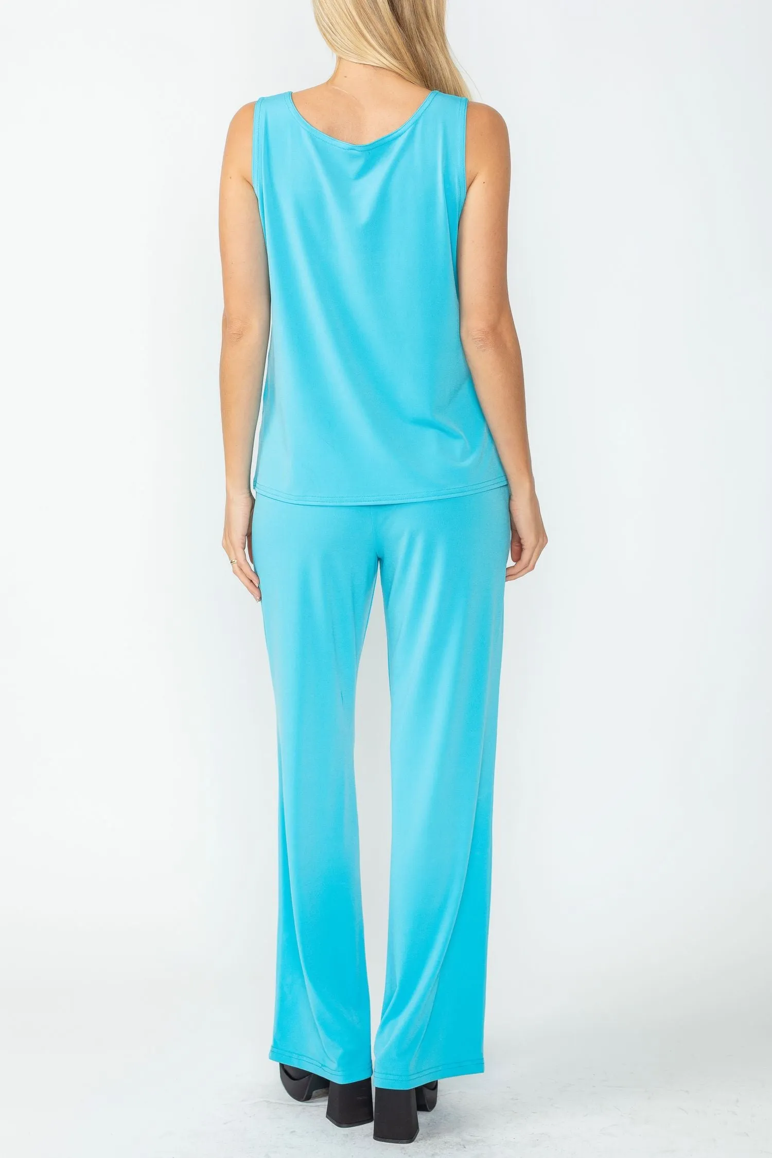 Turquoise Wide Leg Long Pants & Scoop Neck Tank Top