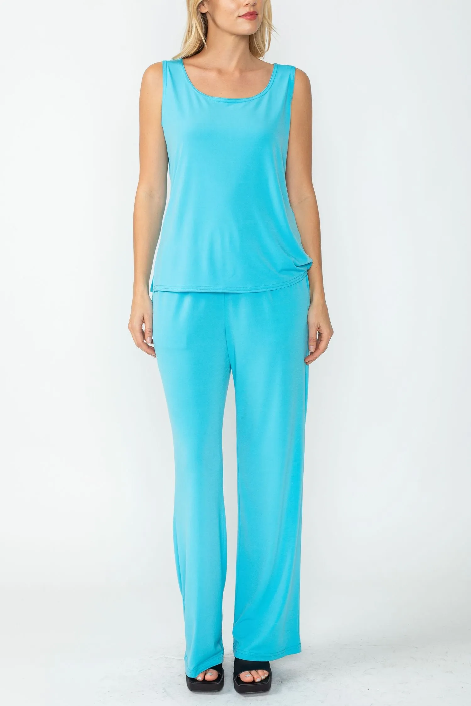 Turquoise Wide Leg Long Pants & Scoop Neck Tank Top