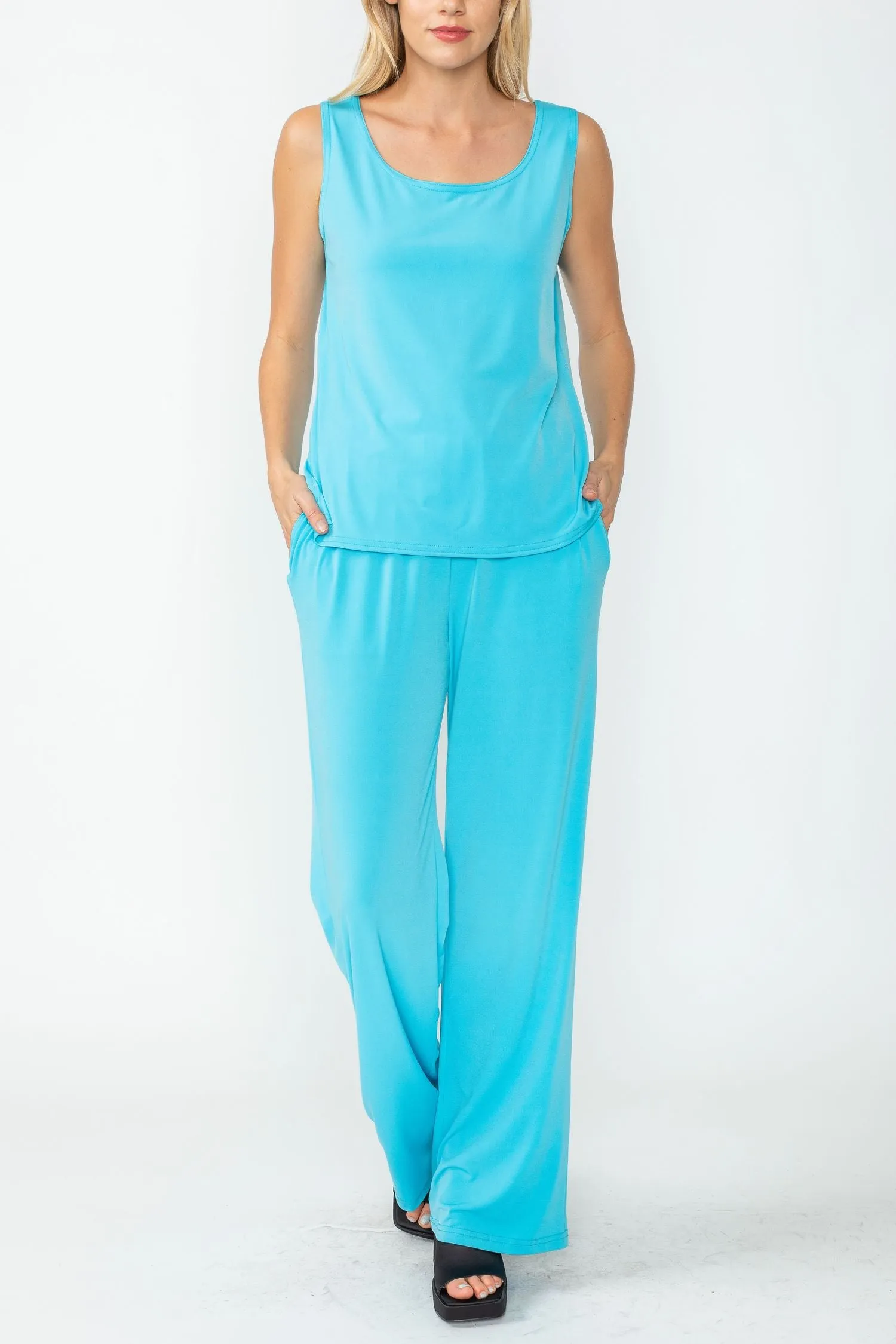 Turquoise Wide Leg Long Pants & Scoop Neck Tank Top