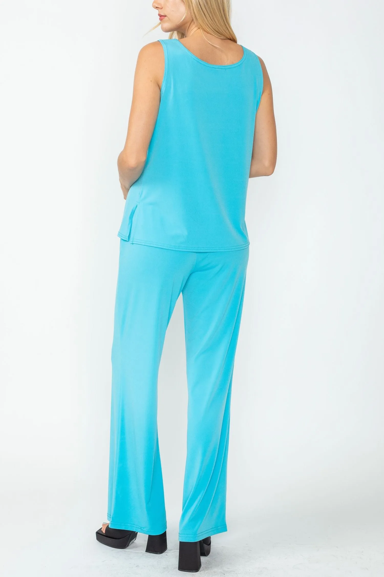 Turquoise Wide Leg Long Pants & Scoop Neck Tank Top