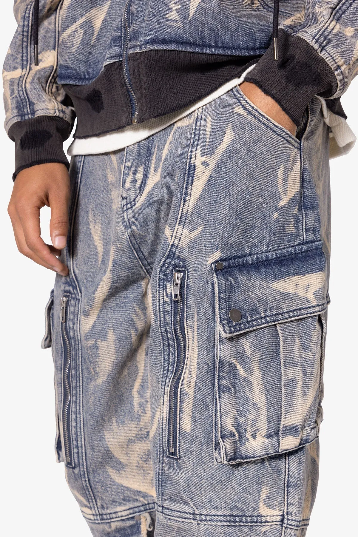 Ultra Baggy Rippled Denim Cargo Pants - Blue