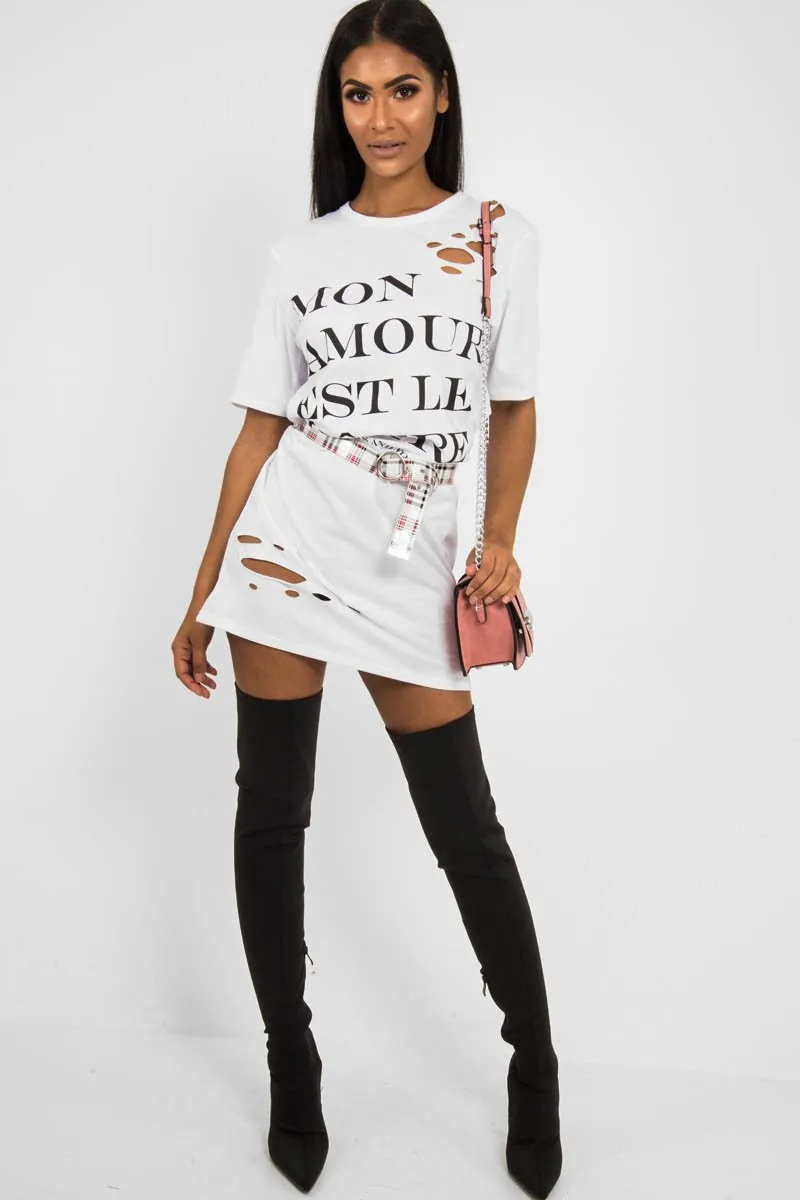 White Slogan Distressed T-Shirt Dress - Ashlen