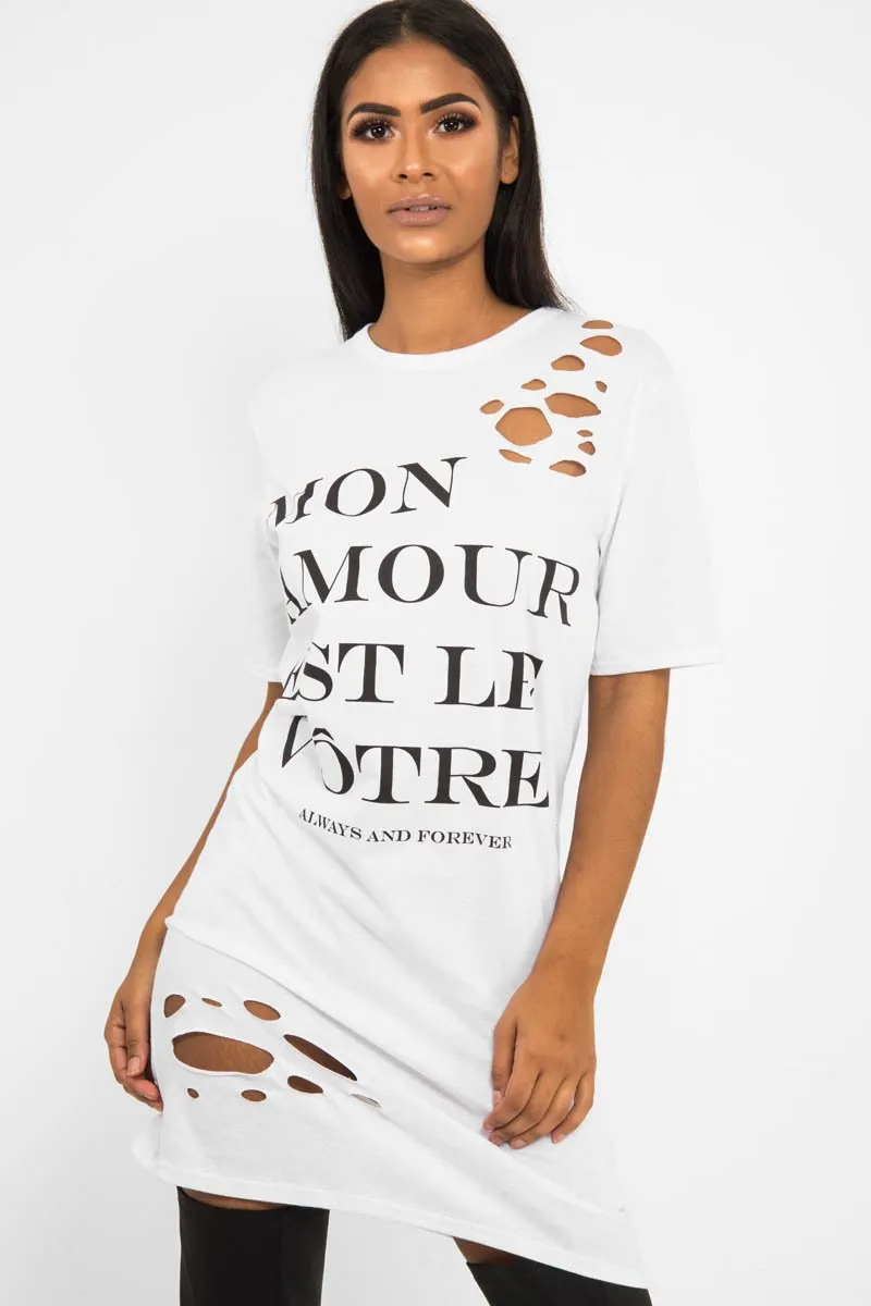 White Slogan Distressed T-Shirt Dress - Ashlen