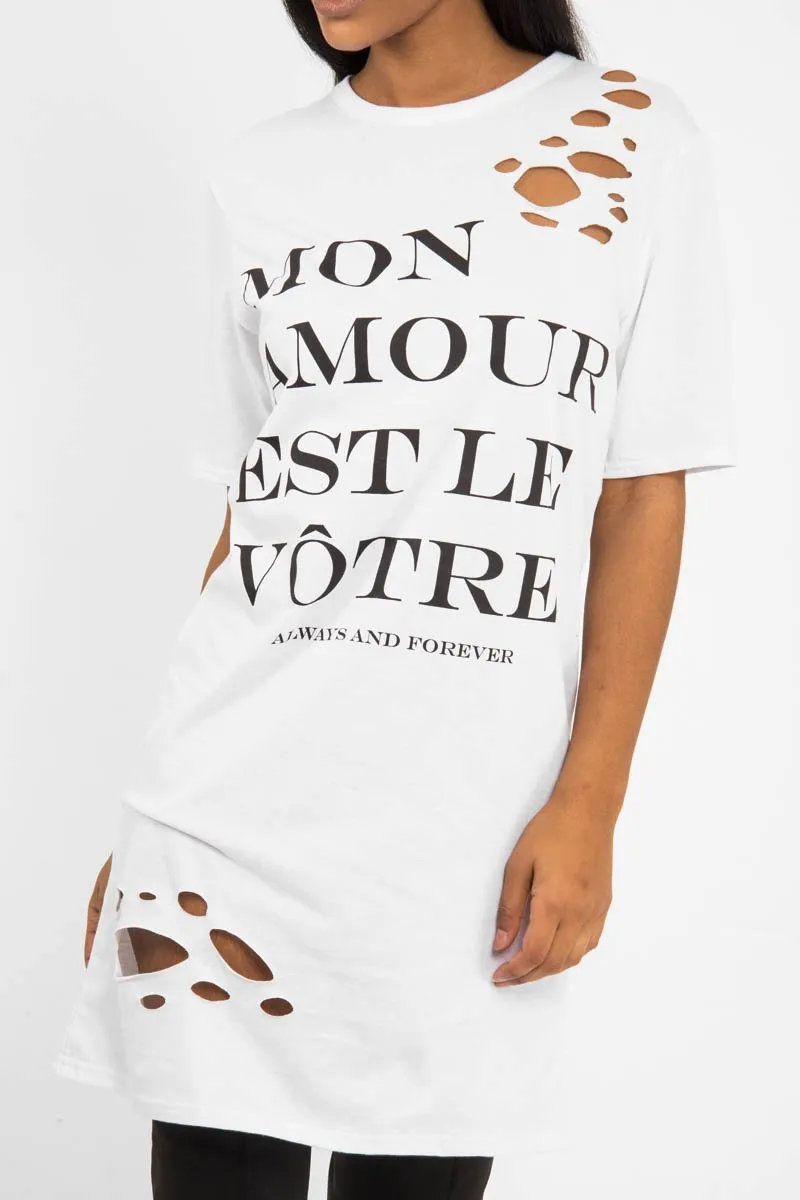 White Slogan Distressed T-Shirt Dress - Ashlen