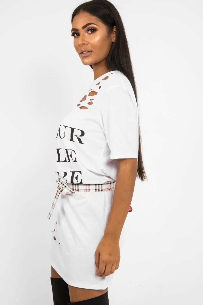 White Slogan Distressed T-Shirt Dress - Ashlen