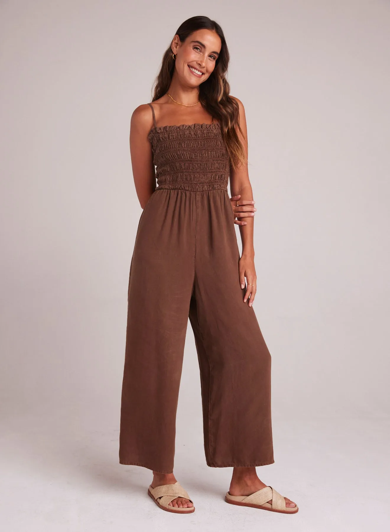 Wide Leg Smocked Ruffle Jumpsuit - Botanical Brown