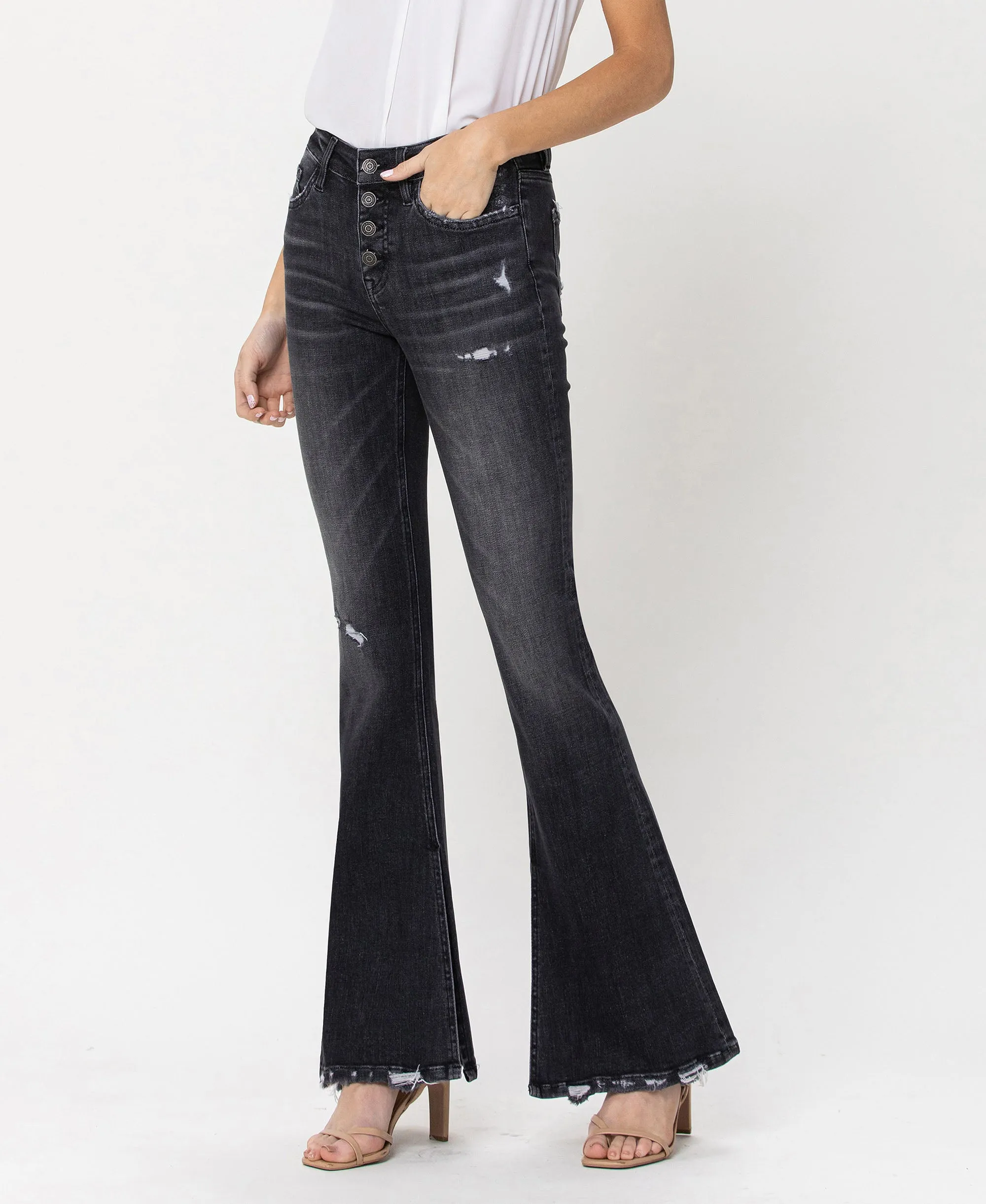 Wind Snap - Mid Rise Flare Jeans W Exposed Button Fly & Slit Detail